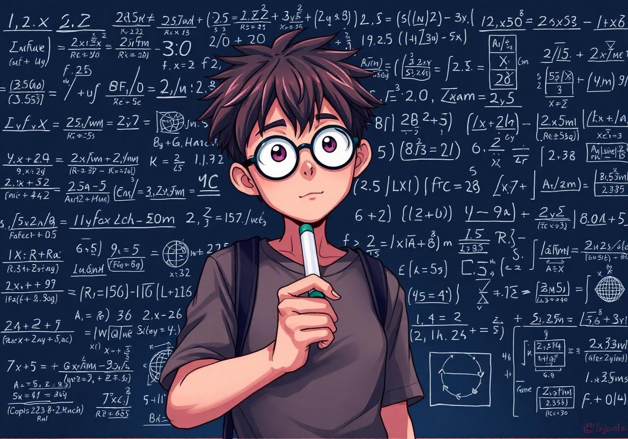 Élève manga concentré devant un tableau d'équations
